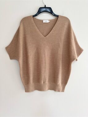 The Reset R Label Wool Essential V-Neck Pullover Short Sleeeved Sweater Tan, S/M